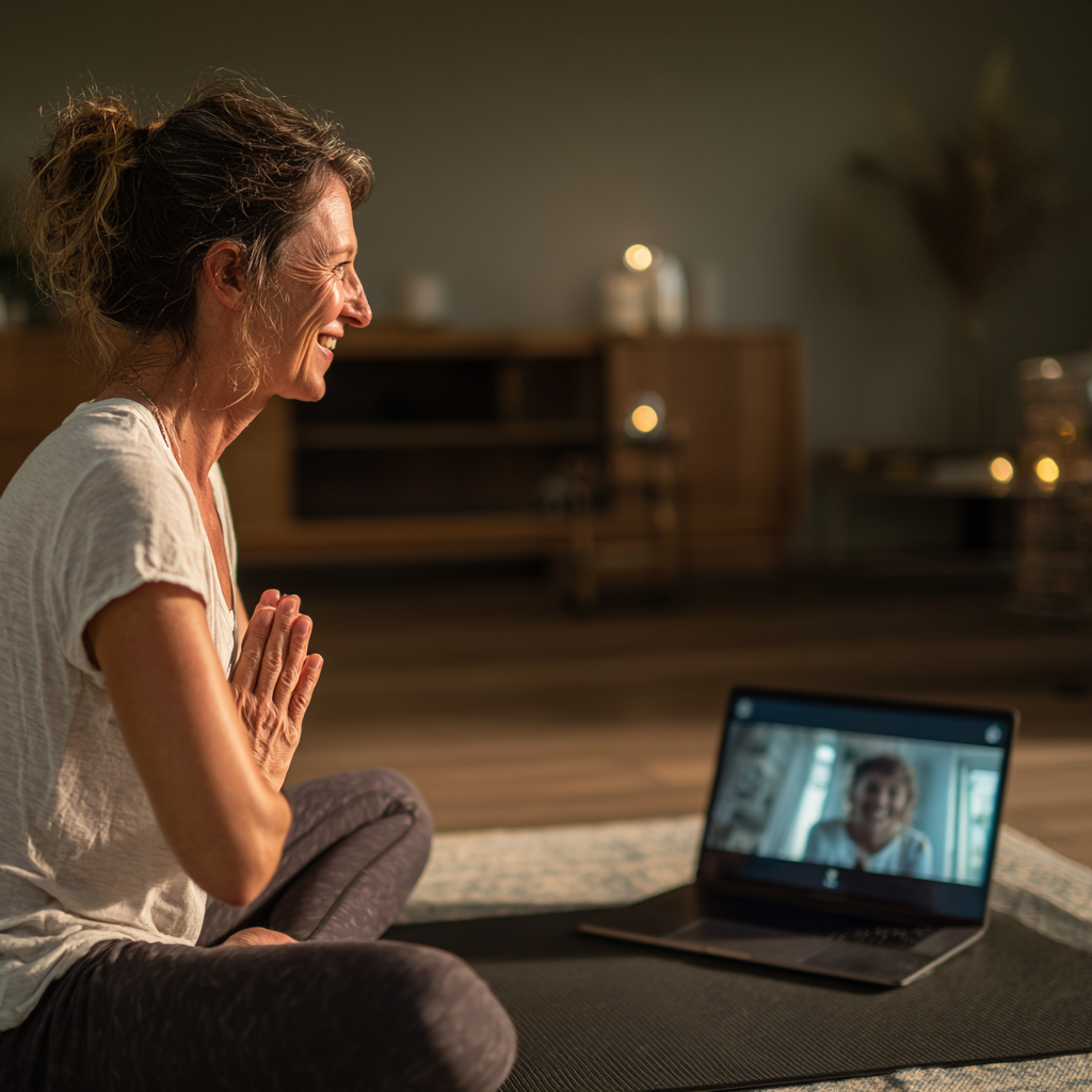 Жінка 54 років практикує йогу вдома перед ноутбуком, на екрані якого видно онлайн-заняття з інструктором, вона усміхається та повторює пози