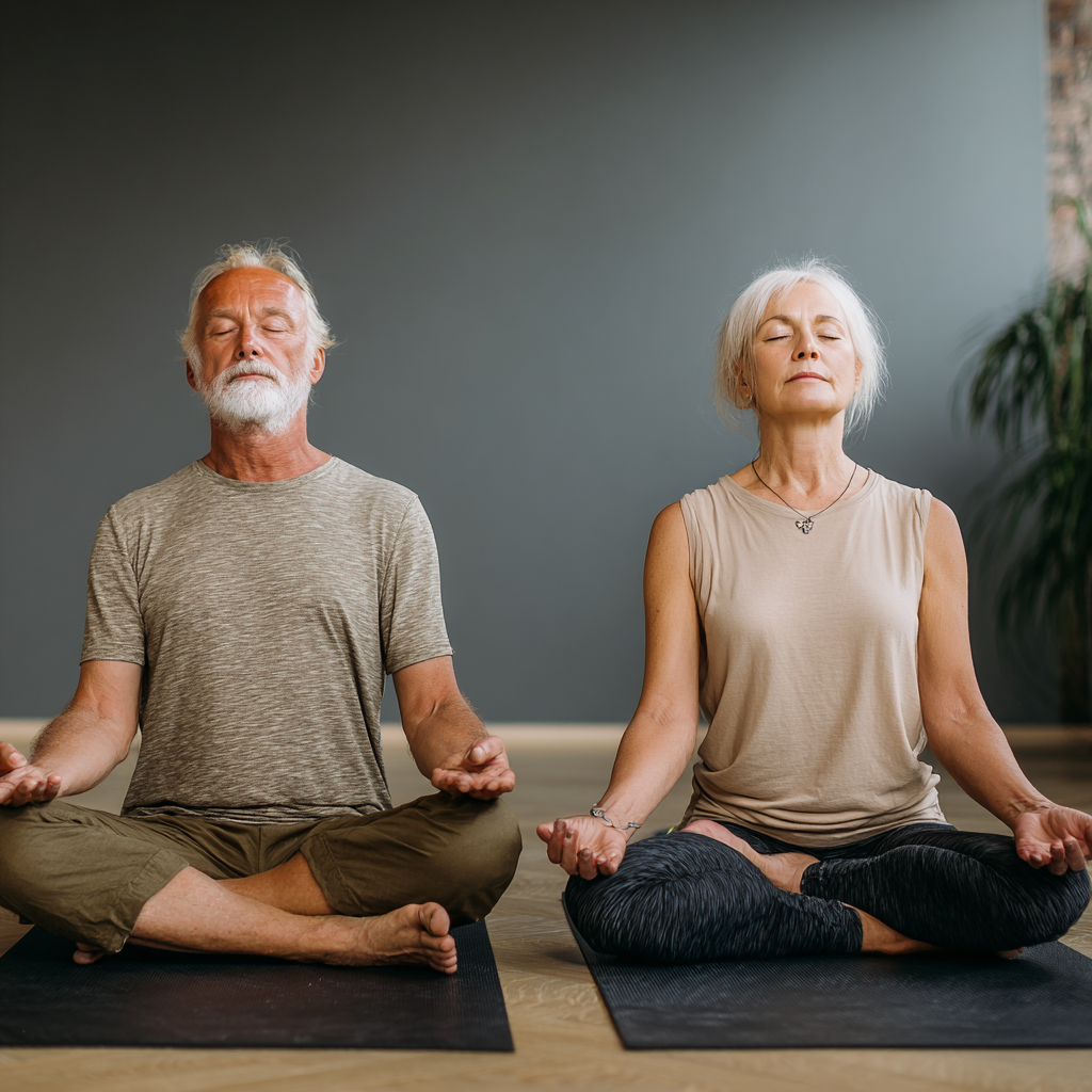 Чоловік 62 років та жінка 56 років сидять в позі лотоса на килимках для йоги, медитують з закритими очима, на обличчях спокій та задоволення